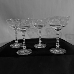 4 Libbey Rock Sharp Juliet Champagne Sherbet Glasses Etched Floral 6.125in